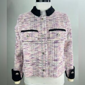 💚 2669. Tweed Print Fuzzy Jacket - Pink and Black